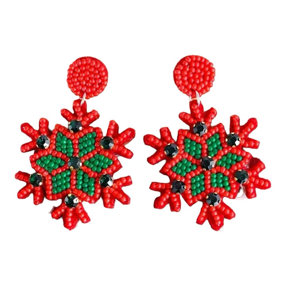 Beaded Snowflake Design Black Shiny Rhinestone Inlaid Dangle Earrings